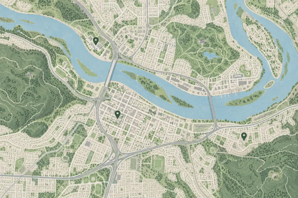 Illustrated city map with a river, parks, streets and location pins
