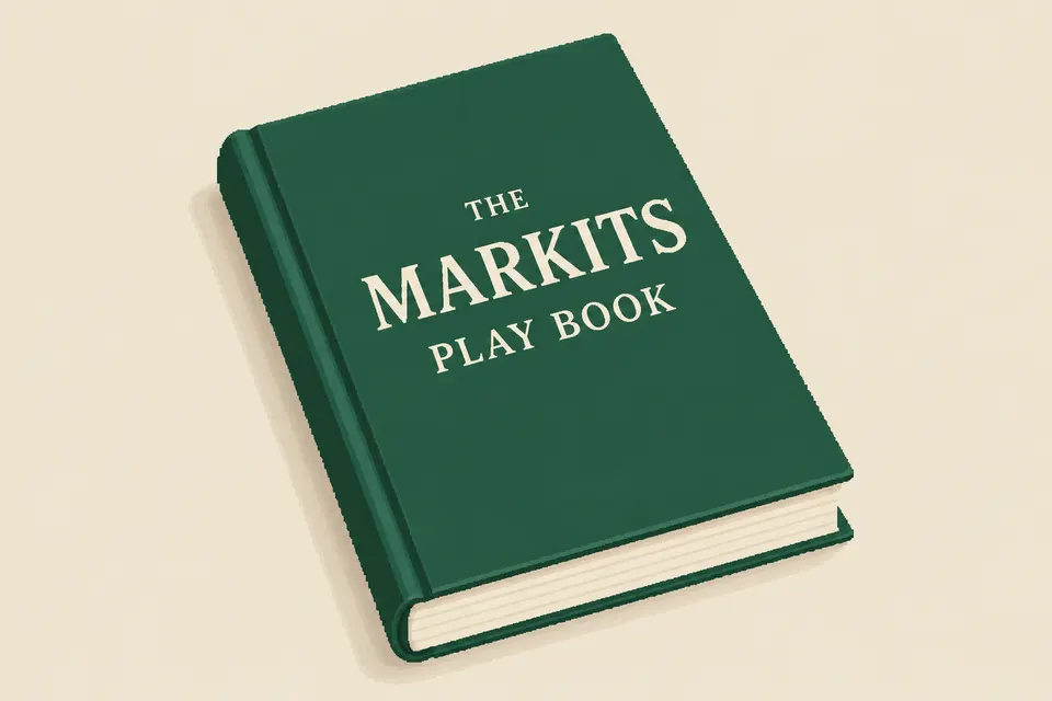 A green hardcover book titled The MARKITS PLAY BOOK